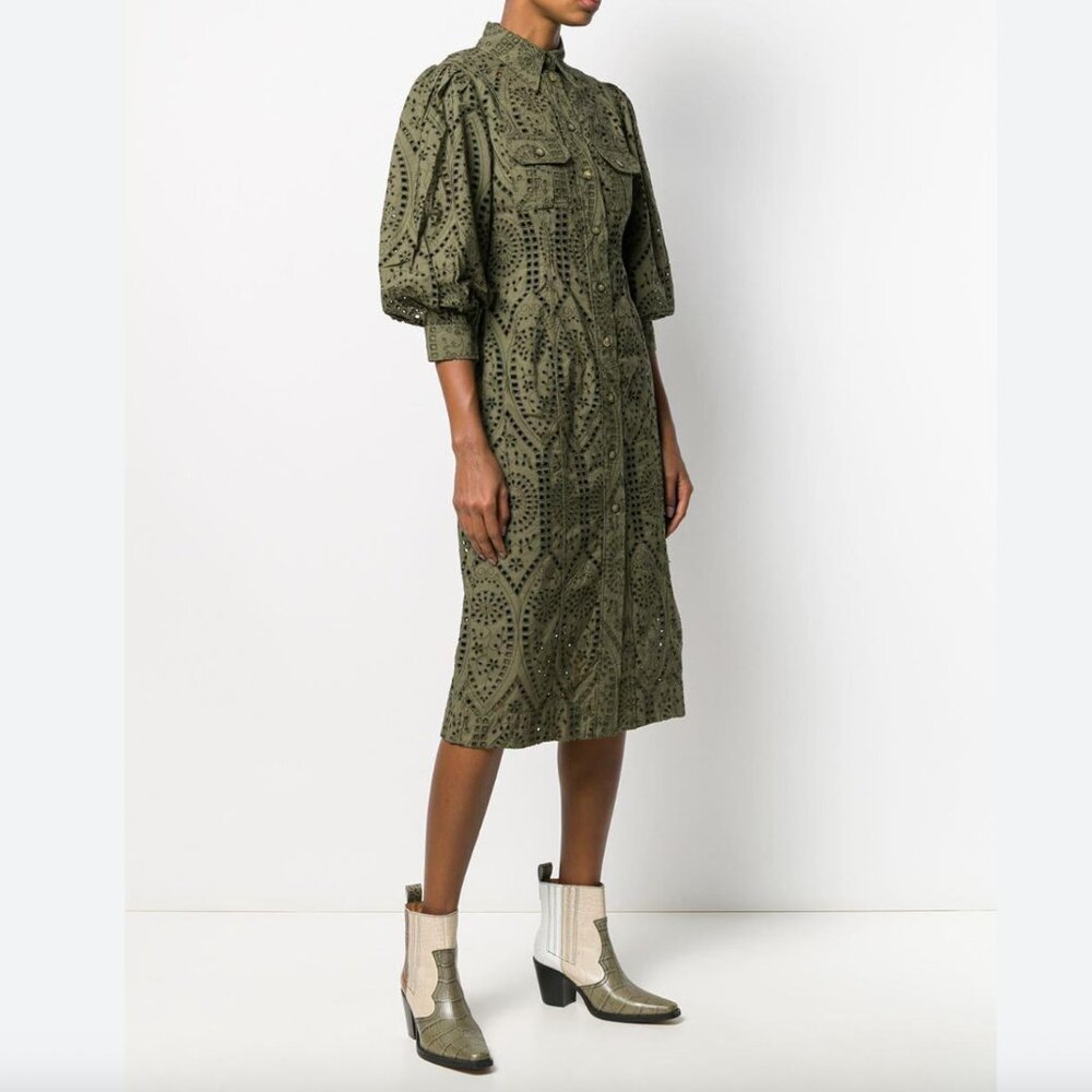 Ganni Green Broderie Anglaise Shirt Dress